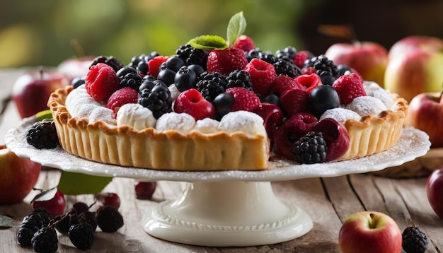 Una tarta de frutas con frambuesas, arándanos y fresas.