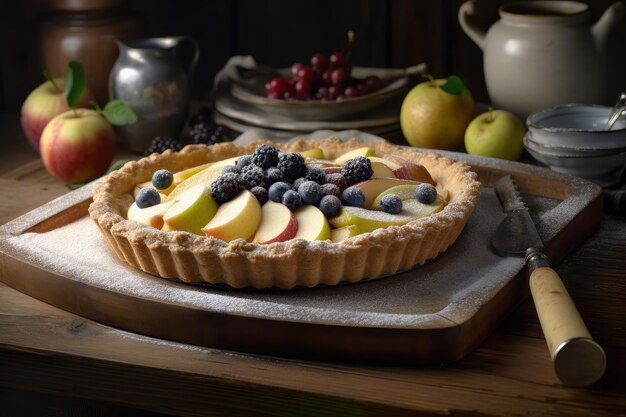 Tarta de frutas frescas con helado derretido generativo IA