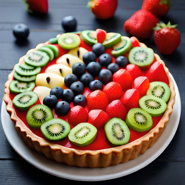 Una tarta de frutas con kiwis y kiwis