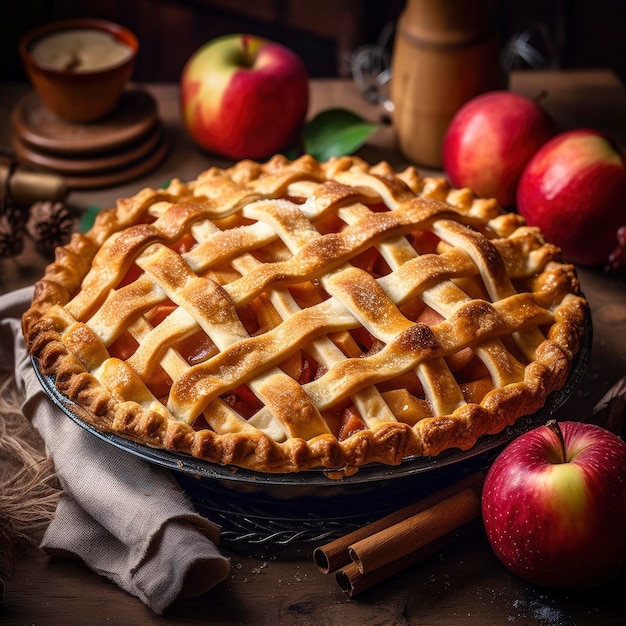 Tarta de manzana casera con manzanas frescas y canela sobre fondo rústico