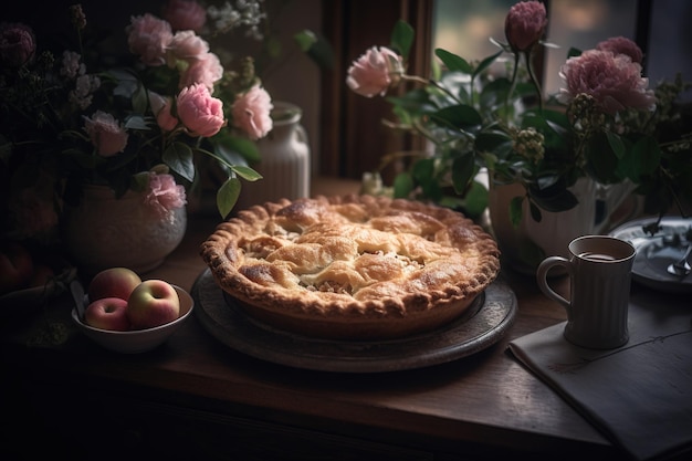 Tarta de manzana casera sobre una mesa con flores IA generativa