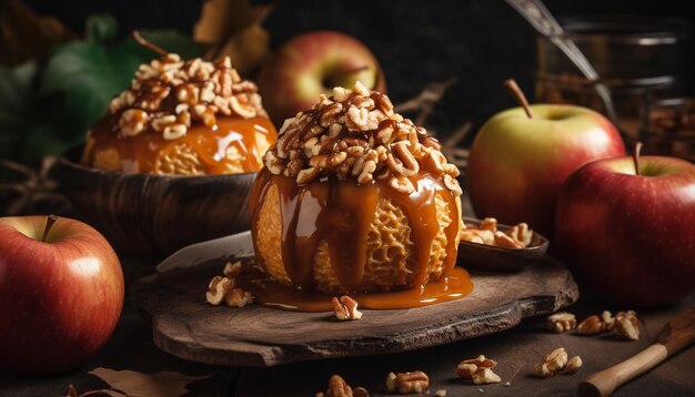 Foto tarta de manzana fresca sobre una mesa rústica de madera una dulce indulgencia generada por inteligencia artificial