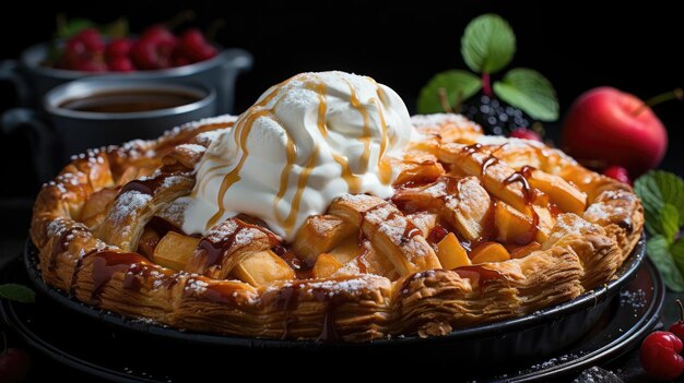 tarta de manzana con manzanas en rodajas en un plato con fondo borroso