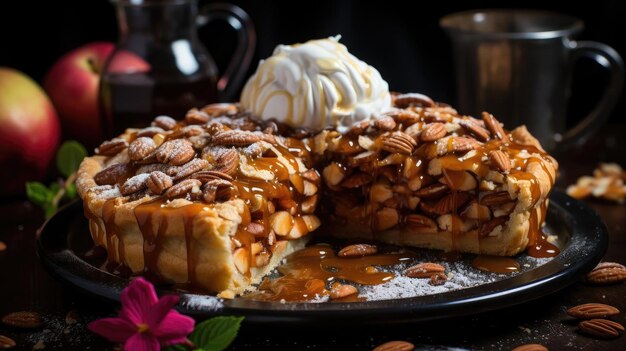 tarta de manzana con manzanas en rodajas en un plato con fondo borroso