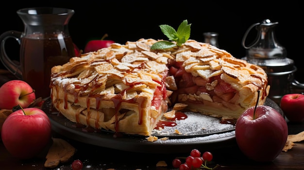 tarta de manzana con manzanas en rodajas en un plato con fondo borroso