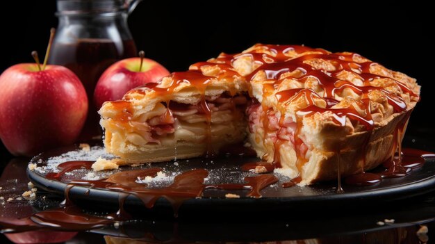 tarta de manzana con manzanas en rodajas en un plato con fondo borroso