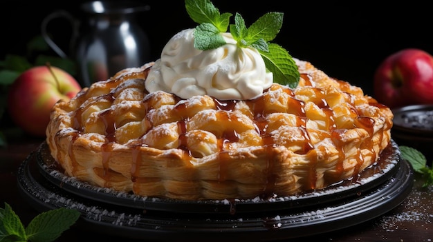 tarta de manzana con manzanas en rodajas en un plato con fondo borroso