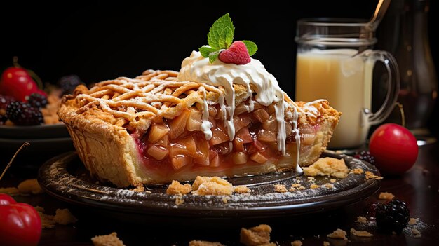 tarta de manzana con manzanas en rodajas en un plato con fondo borroso