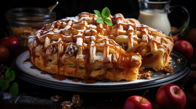 tarta de manzana con manzanas en rodajas en un plato con fondo borroso