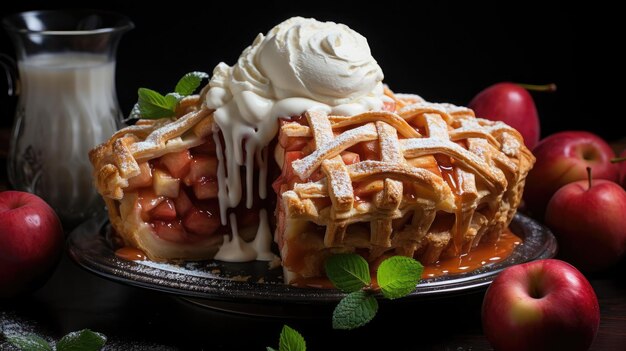 tarta de manzana con manzanas en rodajas en un plato con fondo borroso