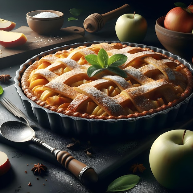 tarta de manzana realista en la cocina oscura