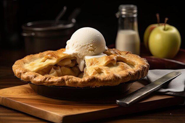 Tarta de manzana recién horneada con helado generativo IA