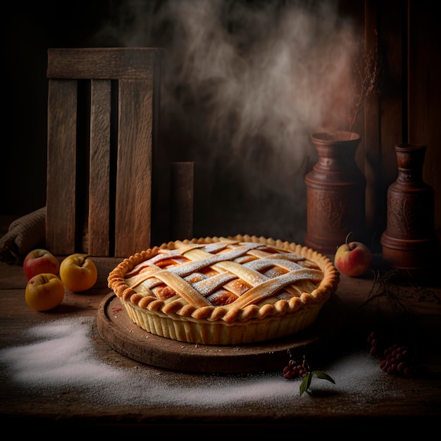 Tarta de manzana recién horneada en una mesa rústica generada por IA