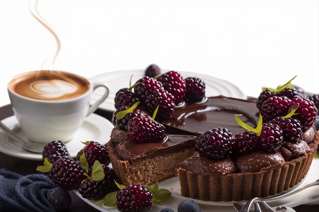 Tarta de moras de chocolate con una taza de café