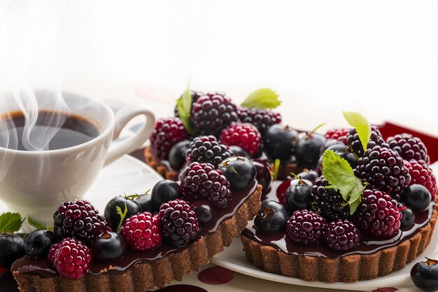 Tarta de moras de chocolate con una taza de café