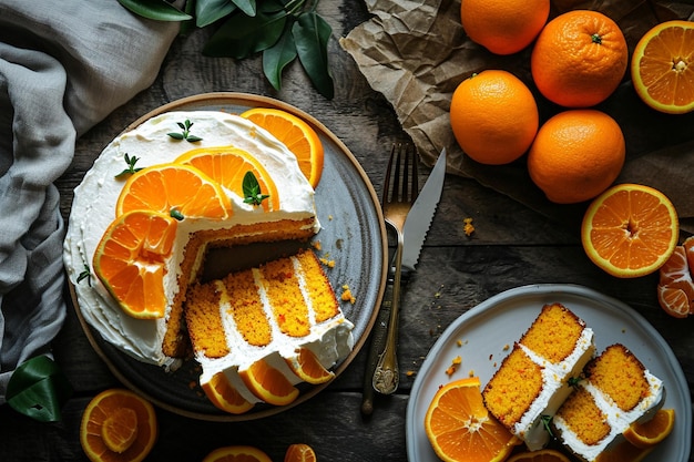 Foto tarta de naranja sana entera y cortada con naranjas divididas en la mesa