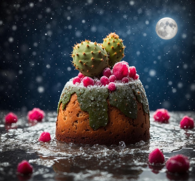 Foto tarta de navidad con cactus y frambuesas en un fondo oscuro