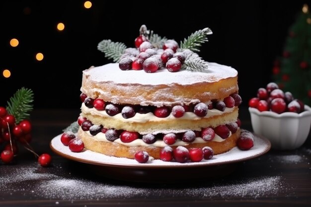 Tarta de Navidad en capas con arándanos y azúcar en polvo