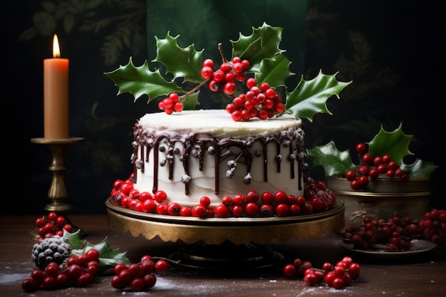 Tarta navideña festiva adornada con hojas y bayas de acebo comestibles Ilustración generativa de IA