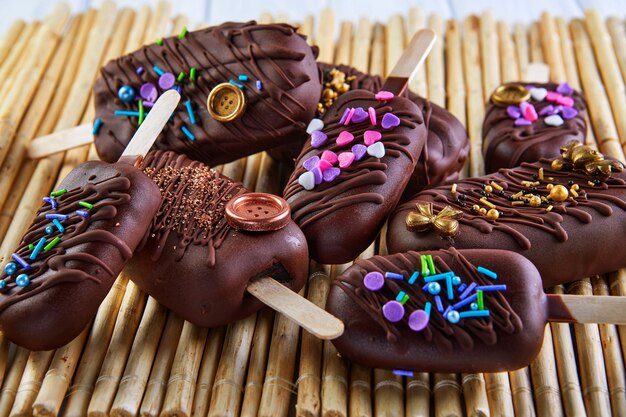 Tarta de paletas en forma de helado de chocolate con decoración.