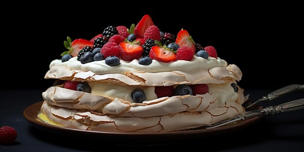 Tarta de pastel Pavlova fondo borroso AI Generateand