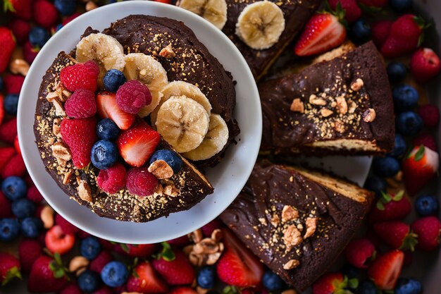 Foto tarta de plátano de chocolate con nueces decoradas con bayas