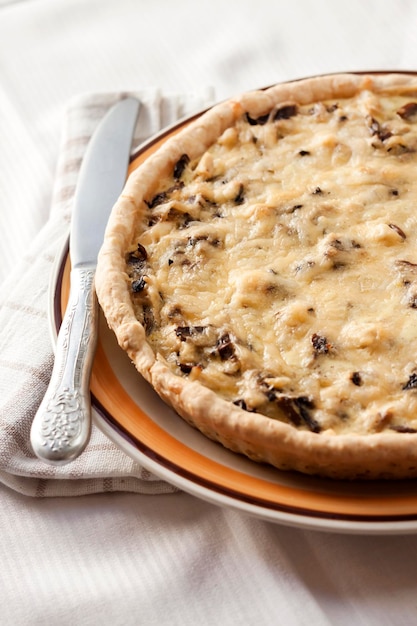 Tarta de pollo con champiñones y queso en un plato