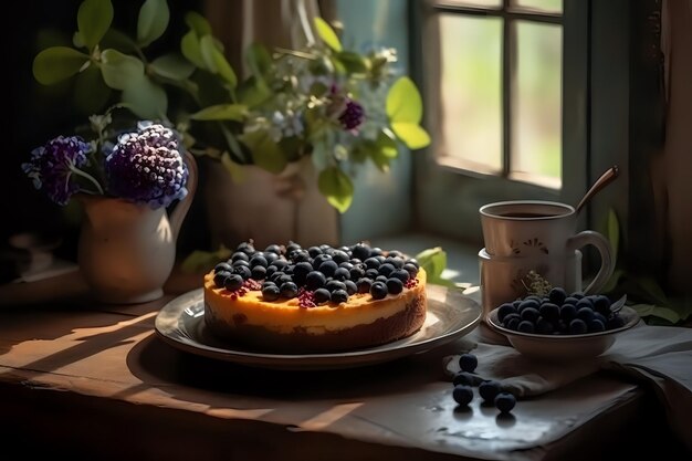 Tarta de queso con arándanos arándanos en la mesa cerca de la ventana