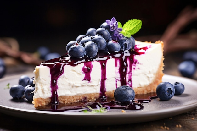 Tarta de queso con arándanos decorada con frutos rojos frescos