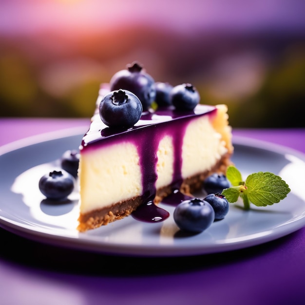 Una tarta de queso con arándanos en un fondo natural de color morado