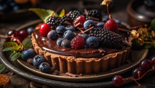 Tarta de queso con bayas dulces en una mesa de madera rústica generada por IA