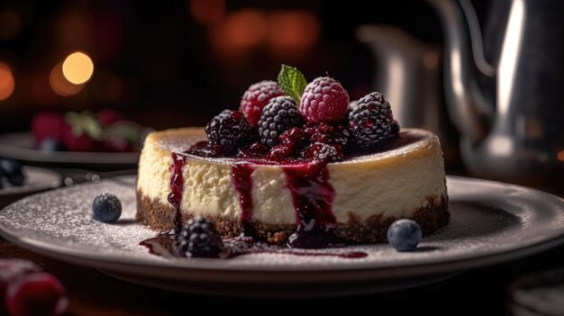 Una tarta de queso con bayas encima