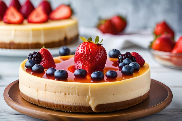 Una tarta de queso con bayas encima