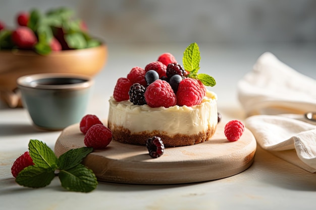 Una tarta de queso con bayas encima