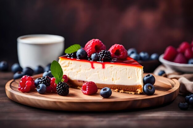 Tarta de queso con bayas y una taza de café