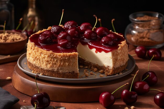 Una tarta de queso con cereza encima se sienta en una mesa.