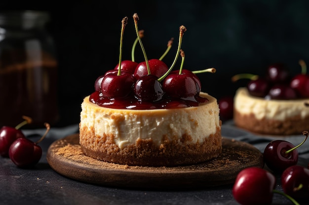 Una tarta de queso con cerezas encima