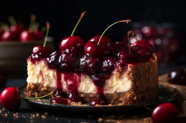 Una tarta de queso con cerezas encima