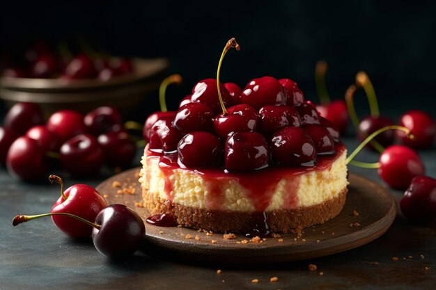 Una tarta de queso con cerezas encima