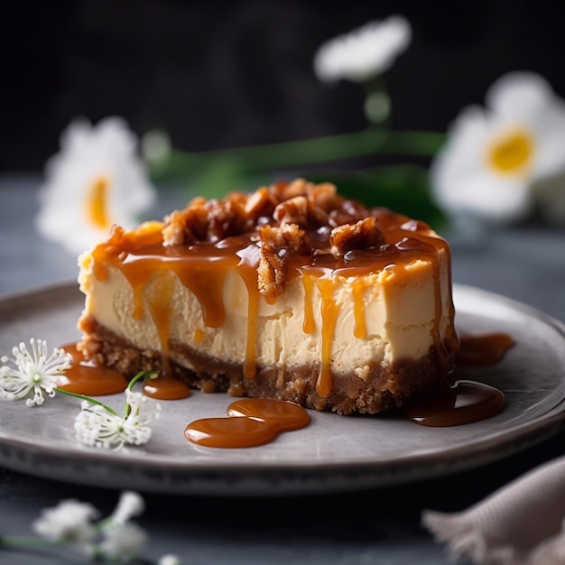 Tarta de queso clásica con caramelo en un plato IA generativa