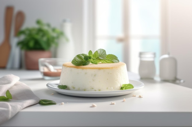 Tarta de queso sin corteza de requesón o bizcocho con hojas de menta Cazuela de ricota