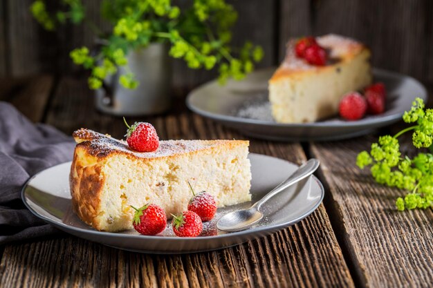 Tarta de queso dulce y fresca con fresas frescas