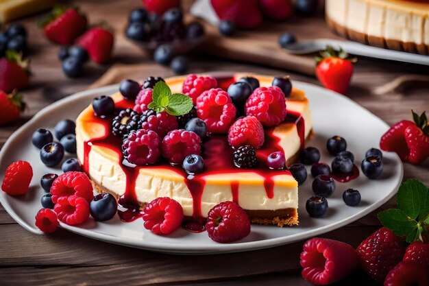 Tarta de queso con frambuesas y frambuesas en un plato con fondo de madera.