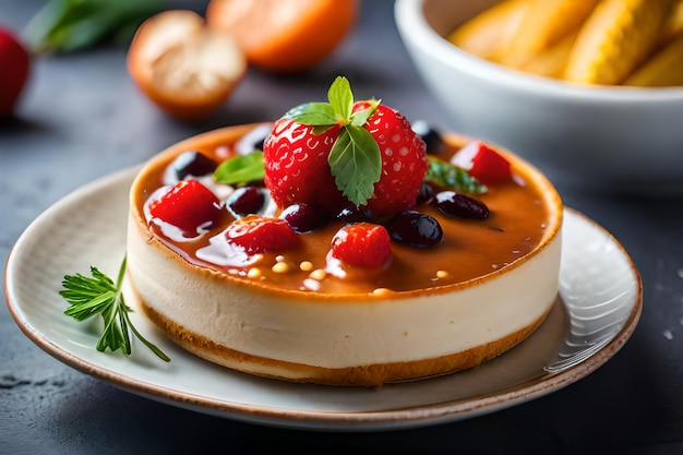 Una tarta de queso con una fresa encima