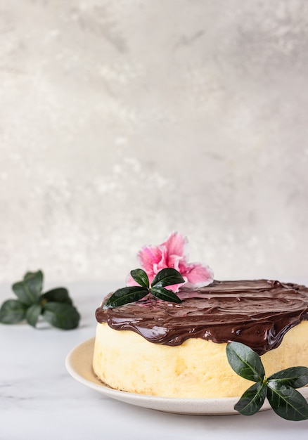 Tarta de queso japonesa de soufflé de algodón decorada con glaseado de chocolate en plato de cerámica