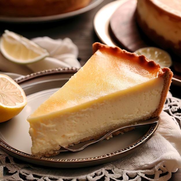 Tarta de queso con limón casera y trozo de tarta en la placa