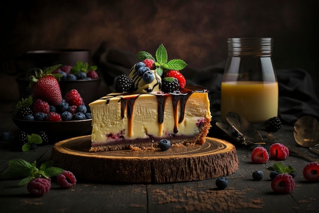 Una tarta de queso con una llovizna de salsa de chocolate y un vaso de leche.