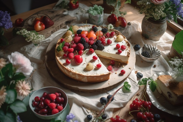 Una tarta de queso con una rebanada cortada y algunas otras frutas sobre la mesa.