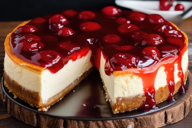 Tarta de queso con rebanada cortada y relleno de cereza en el centro creado con ai generativo