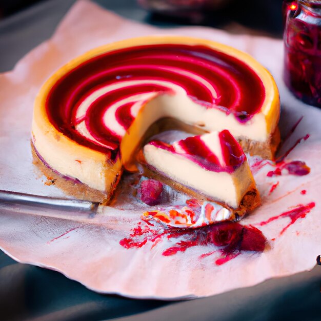 Foto tarta de queso con remolino de frambuesa